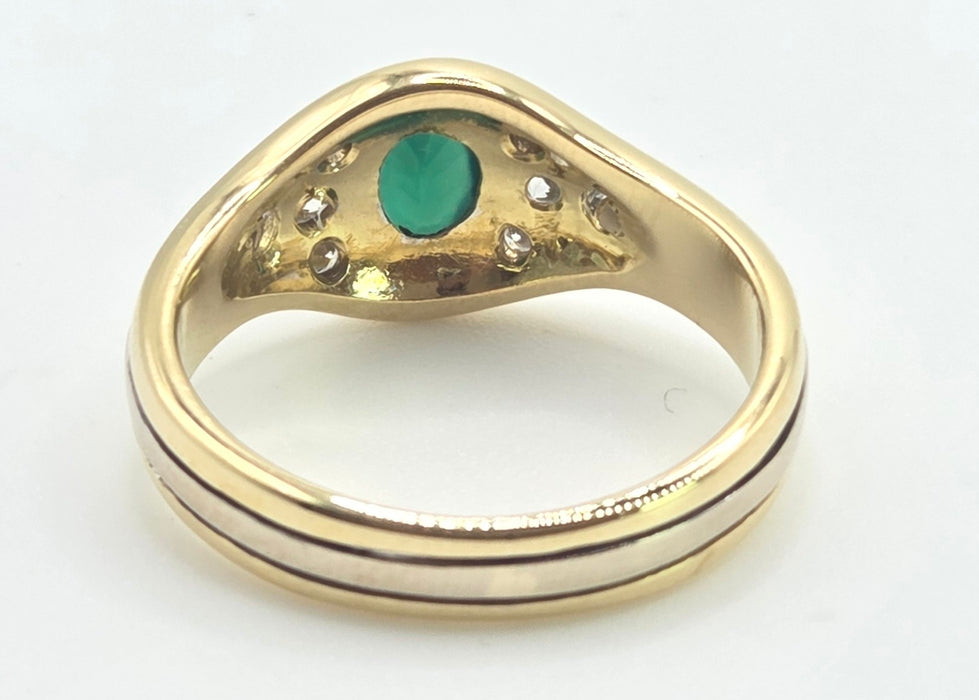 6526 Vintage: 18ct Yellow & White Gold Emerald & Diamond Art Deco Inspired Oval Dress Ring