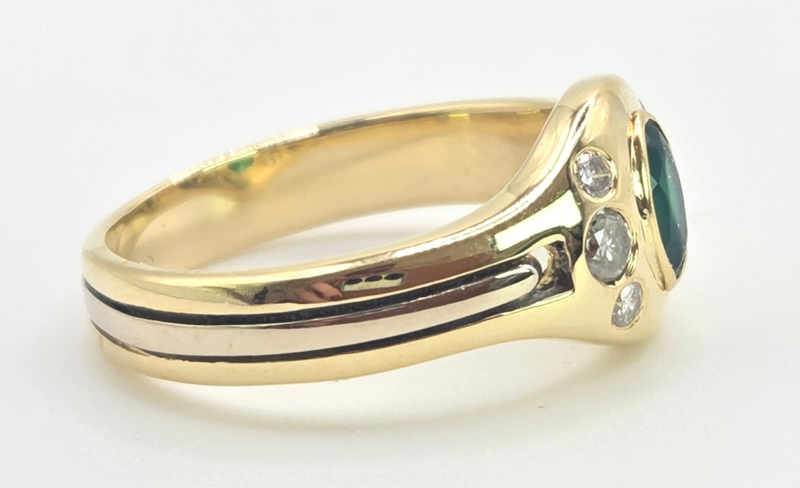 6526 Vintage: 18ct Yellow & White Gold Emerald & Diamond Art Deco Inspired Oval Dress Ring