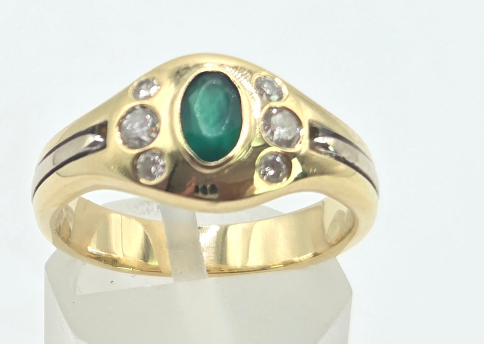 6526 Vintage: 18ct Yellow & White Gold Emerald & Diamond Art Deco Inspired Oval Dress Ring