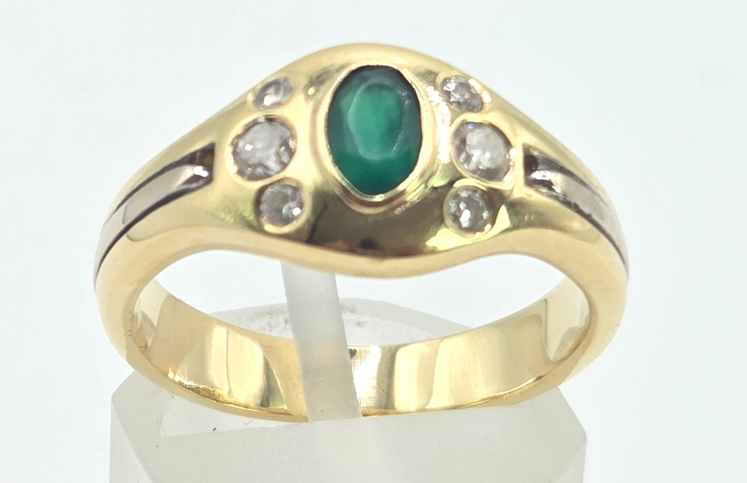 6526 Vintage: 18ct Yellow & White Gold Emerald & Diamond Art Deco Inspired Oval Dress Ring