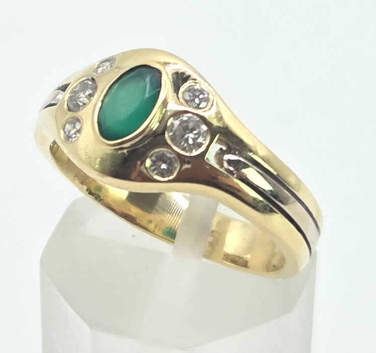 6526 Vintage: 18ct Yellow & White Gold Emerald & Diamond Art Deco Inspired Oval Dress Ring
