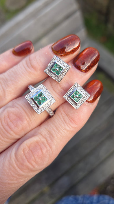2439  Vintage; 14ct Gold Emeralds Natural Sparkling Diamonds Art Deco Style Panel Earrings