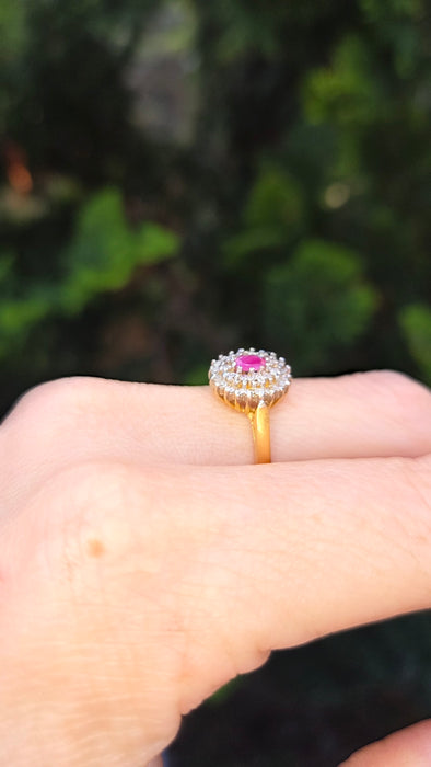 6254 Vintage:22ct Gold Ruby 30 Natural Sparkling Diamonds Tiered Cluster Ring