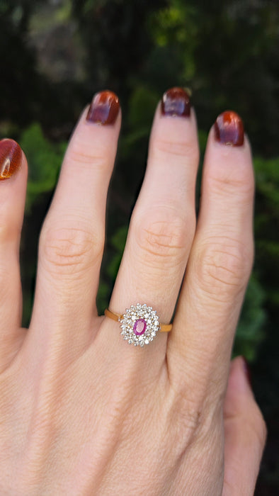 6254 Vintage:22ct Gold Ruby 30 Natural Sparkling Diamonds Tiered Cluster Ring