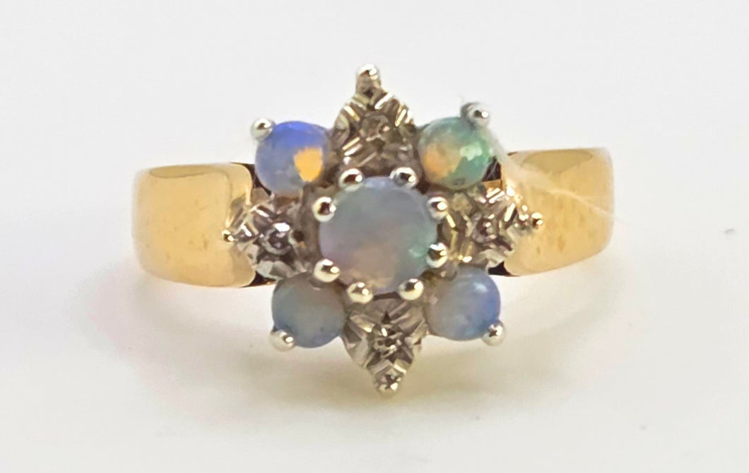 2158: Vintage: 9ct Gold 7 White Opals Diamonds Flower Head Ring- From 1981