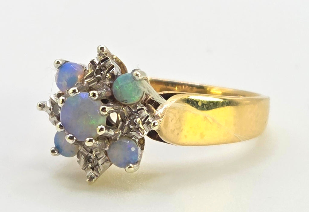 2158: Vintage: 9ct Gold 7 White Opals Diamonds Flower Head Ring- From 1981