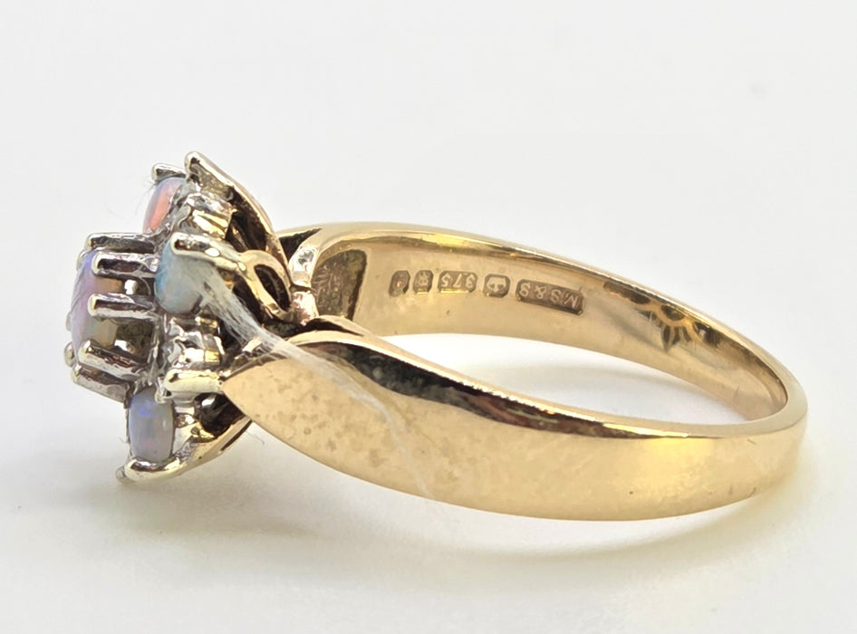 2158: Vintage: 9ct Gold 7 White Opals Diamonds Flower Head Ring- From 1981