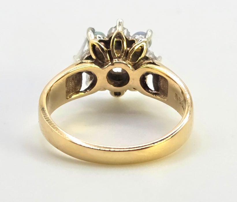 2158: Vintage: 9ct Gold 7 White Opals Diamonds Flower Head Ring- From 1981