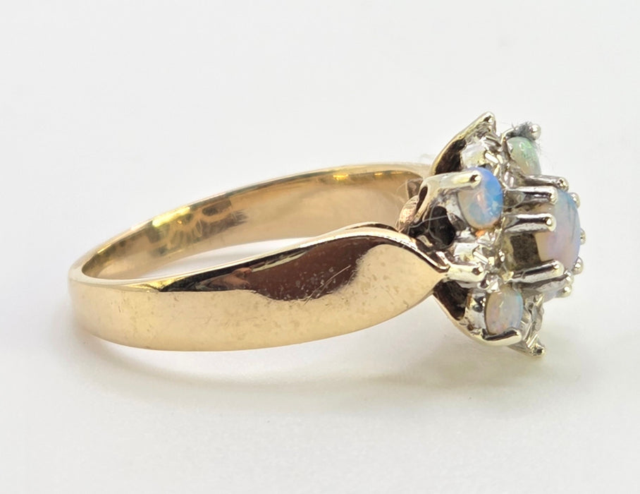 2158: Vintage: 9ct Gold 7 White Opals Diamonds Flower Head Ring- From 1981