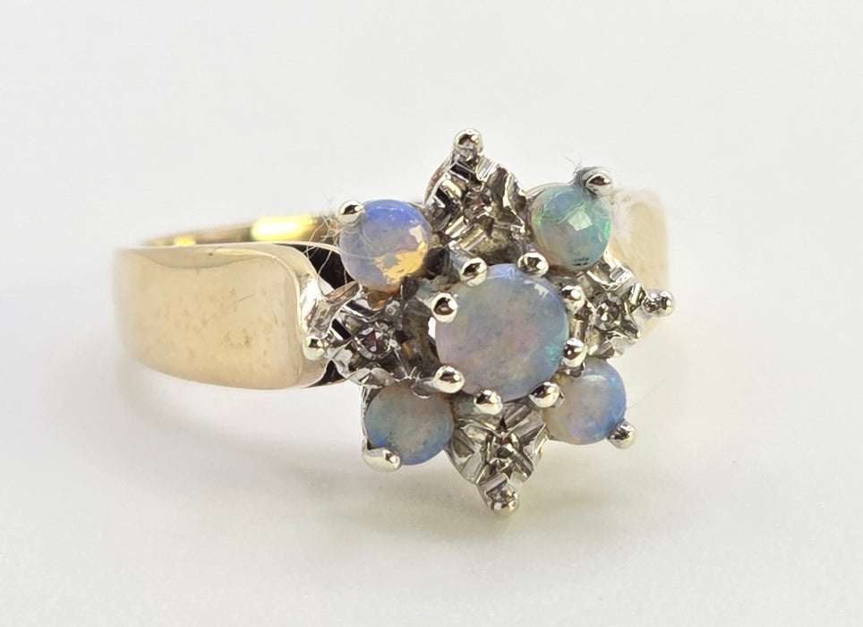 2158: Vintage: 9ct Gold 7 White Opals Diamonds Flower Head Ring- From 1981