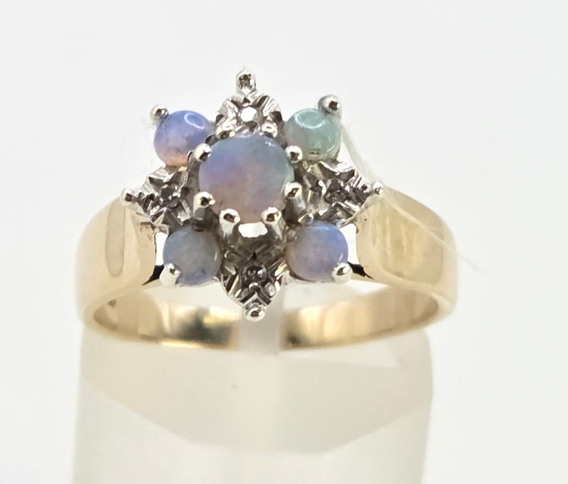 2158: Vintage: 9ct Gold 7 White Opals Diamonds Flower Head Ring- From 1981