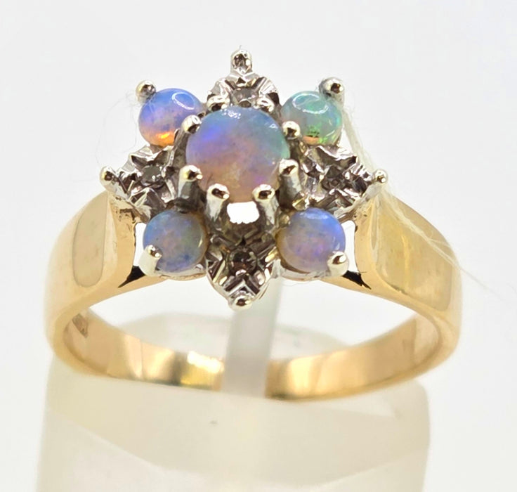 2158: Vintage: 9ct Gold 7 White Opals Diamonds Flower Head Ring- From 1981