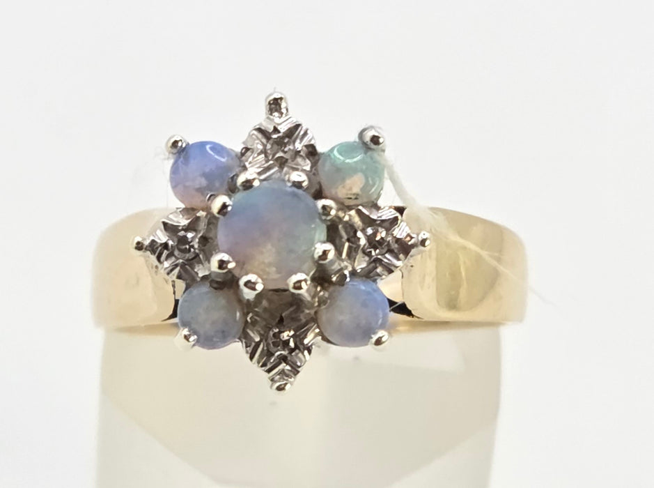 2158: Vintage: 9ct Gold 7 White Opals Diamonds Flower Head Ring- From 1981