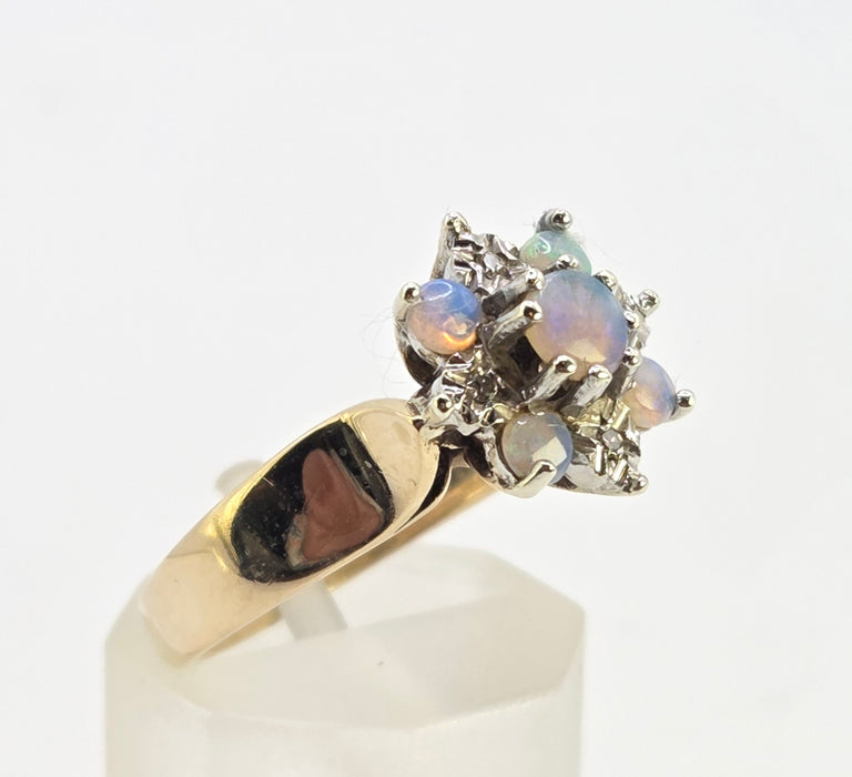 2158: Vintage: 9ct Gold 7 White Opals Diamonds Flower Head Ring- From 1981