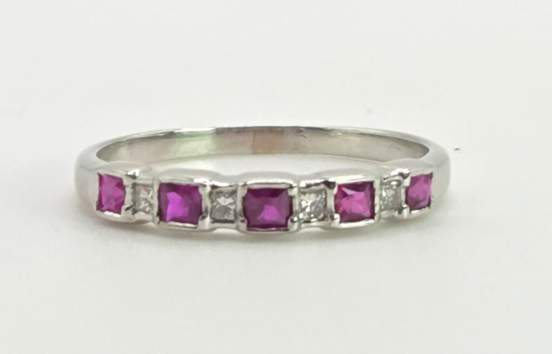 6374 Vintage: 18ct White Gold Ruby & Diamond Half Eternity Ring