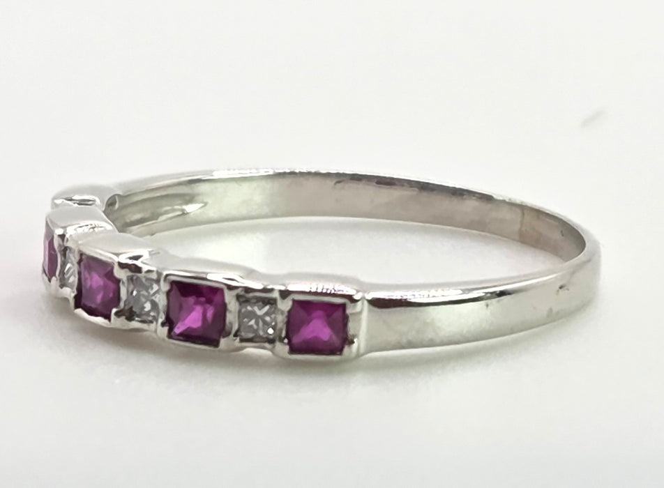 6374 Vintage: 18ct White Gold Ruby & Diamond Half Eternity Ring