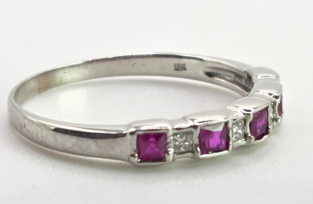6374 Vintage: 18ct White Gold Ruby & Diamond Half Eternity Ring