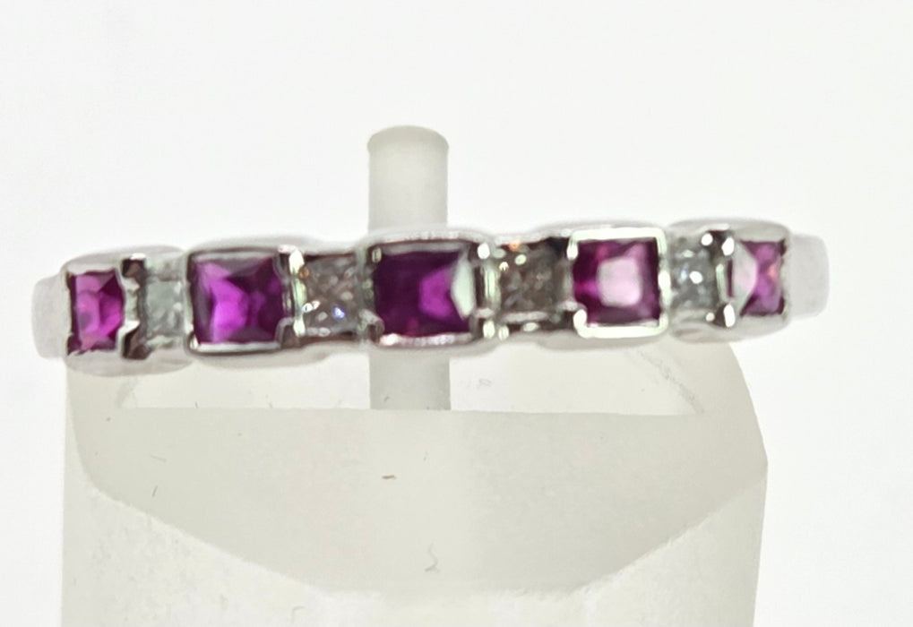 6374 Vintage: 18ct White Gold Ruby & Diamond Half Eternity Ring