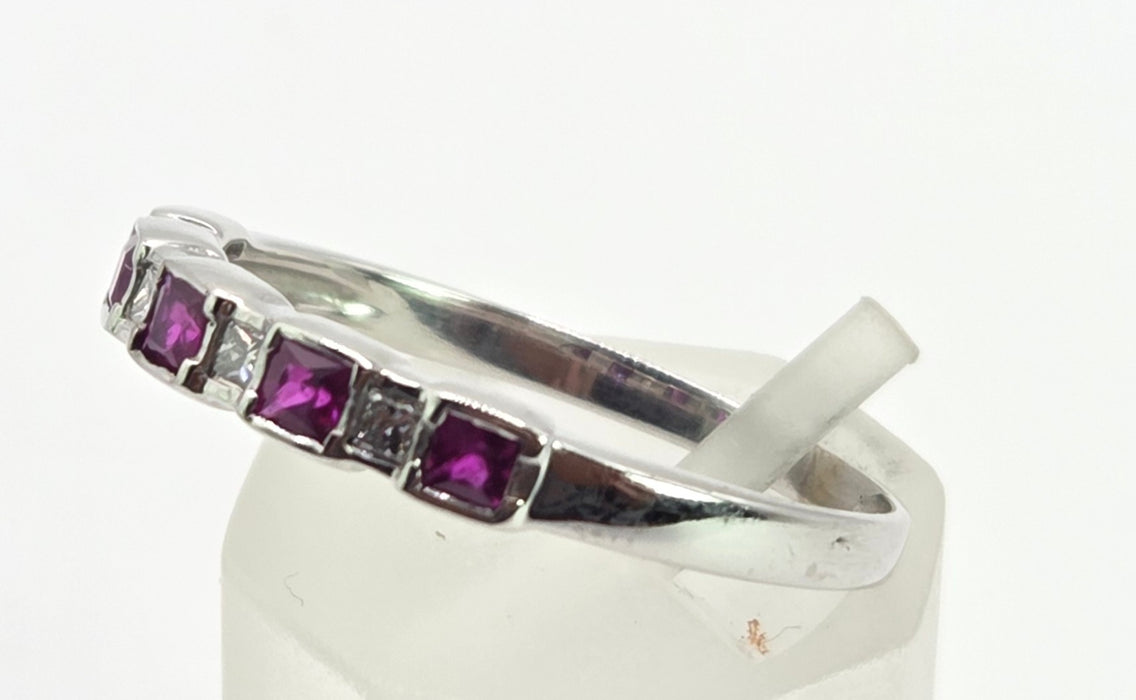 6374 Vintage: 18ct White Gold Ruby & Diamond Half Eternity Ring