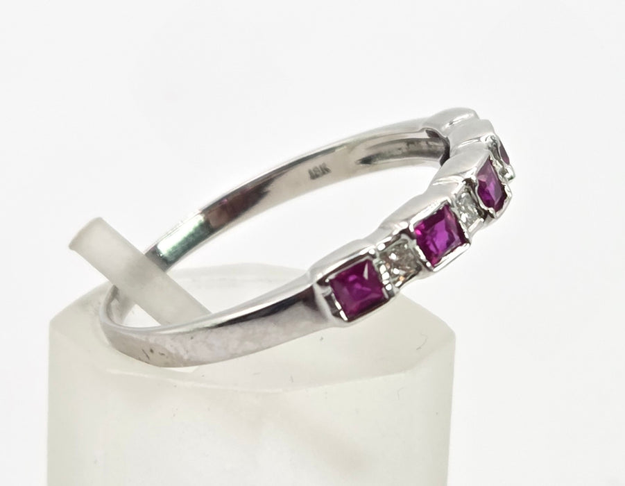 6374 Vintage: 18ct White Gold Ruby & Diamond Half Eternity Ring