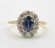 Load image into Gallery viewer, 2142: Vintage 18ct Gold  Platinum French Blue Sapphire Diamonds Halo Ring- From 1967
