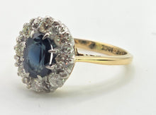 Load image into Gallery viewer, 2142: Vintage 18ct Gold  Platinum French Blue Sapphire Diamonds Halo Ring- From 1967
