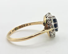 Load image into Gallery viewer, 2142: Vintage 18ct Gold  Platinum French Blue Sapphire Diamonds Halo Ring- From 1967
