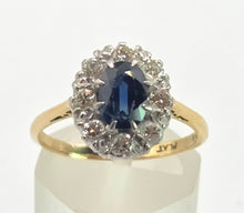 Load image into Gallery viewer, 2142: Vintage 18ct Gold  Platinum French Blue Sapphire Diamonds Halo Ring- From 1967
