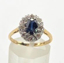 Load image into Gallery viewer, 2142: Vintage 18ct Gold  Platinum French Blue Sapphire Diamonds Halo Ring- From 1967
