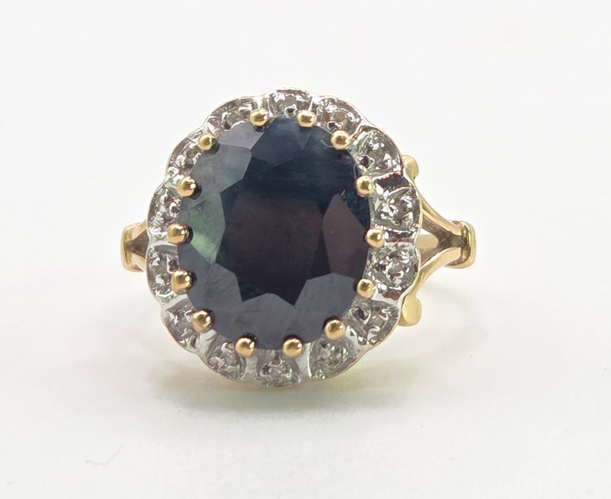 Vintage: 9ct Gold Blue Sapphire & Diamond Diana Style Cluster Ring