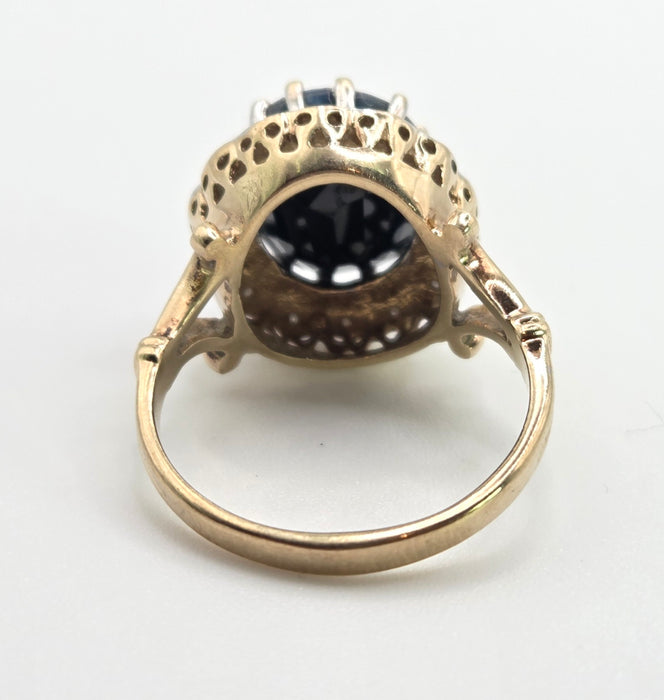 Vintage: 9ct Gold Blue Sapphire & Diamond Diana Style Cluster Ring