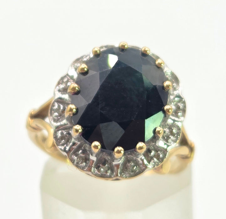 Vintage: 9ct Gold Blue Sapphire & Diamond Diana Style Cluster Ring