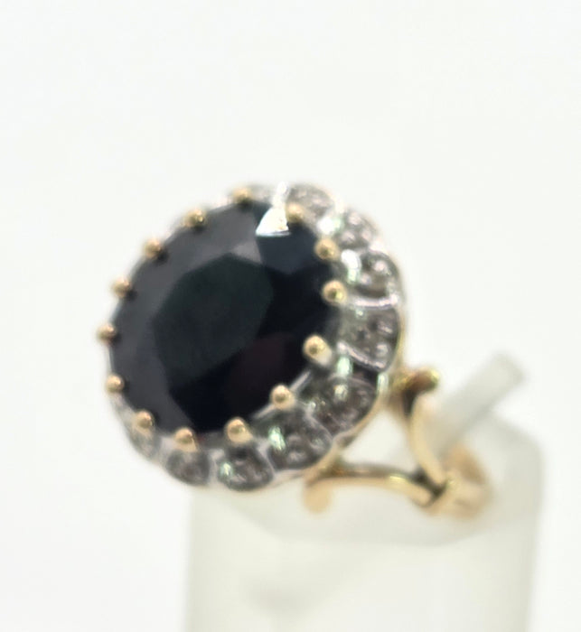 Vintage: 9ct Gold Blue Sapphire & Diamond Diana Style Cluster Ring