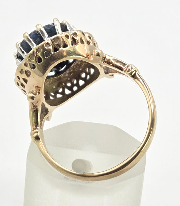 Vintage: 9ct Gold Blue Sapphire & Diamond Diana Style Cluster Ring