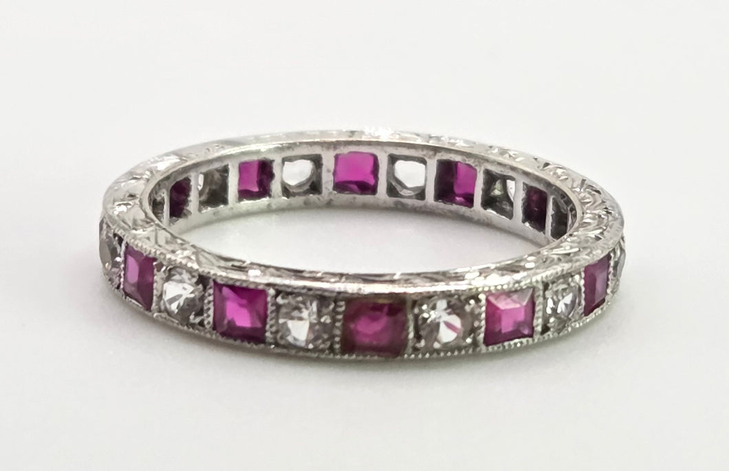 2569: Vintage & Rare 9ct White Gold Rubies Spinels Full Eternity Ring- From 1963