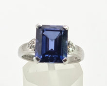 Load image into Gallery viewer, 2607 Vintage: 9ct White Gold Emerald Cut French Blue Sapphire Diamonds Ring
