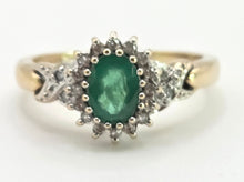 Load image into Gallery viewer, 0617: Vintage: 9ct Gold Art Deco Style Emerald 18 Diamonds Cluster Ring
