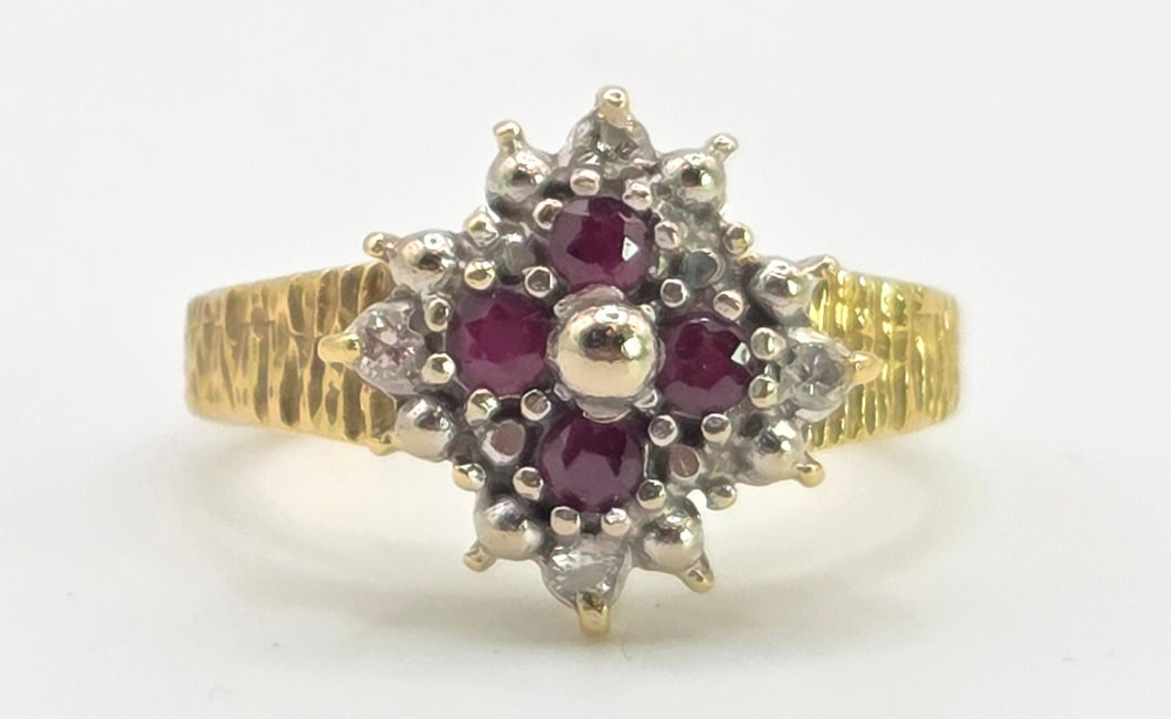 0628: Vintage 18ct Gold Rubies Diamonds Geometric Set Ring - From 1977