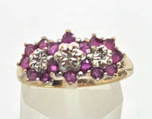 Load image into Gallery viewer, 2591: Vintage 9ct Gold 17 Rubies Natural Diamonds Flower Head Ring
