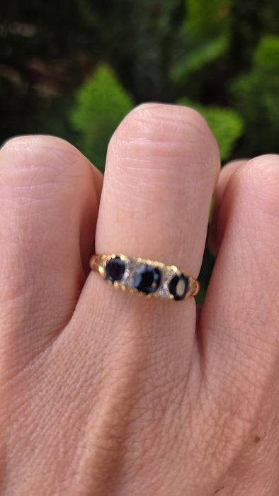 6288 Vintage; 18ct Gold French Blue Sapphires Diamonds Dress Ring- From 1974
