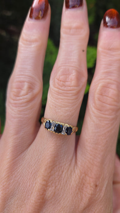 6288 Vintage; 18ct Gold French Blue Sapphires Diamonds Dress Ring- From 1974