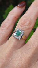 Load image into Gallery viewer, 6287 Vintage: 9ct Gold Emerald Cut Emerald 14 Diamonds Square Set Ring
