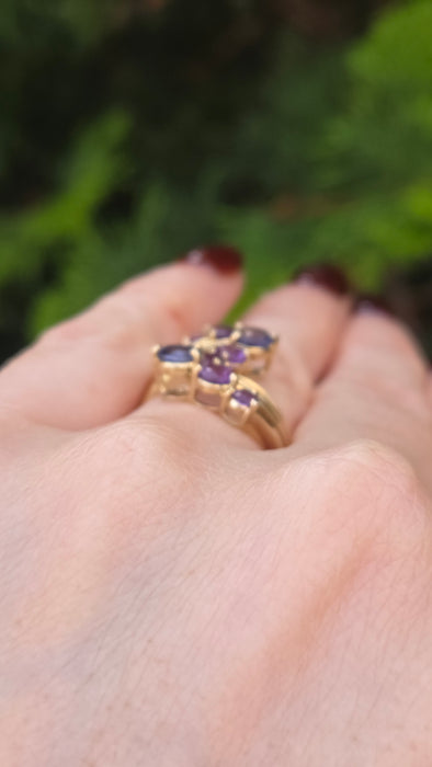 6319- Vintage 9ct Gold Iolites Amethysts Abstract Cocktail Ring