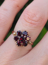 Load image into Gallery viewer, 2129 Vintage; 9ct Gold 7 Rich Red Round Cut Garnets Flower Head Ring
