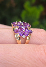 Load image into Gallery viewer, 6253 Vintage:  14ct Gold Amethysts, Peridots, Diamond&#39;s Cluster Cocktail Ring- Suffragette Colours
