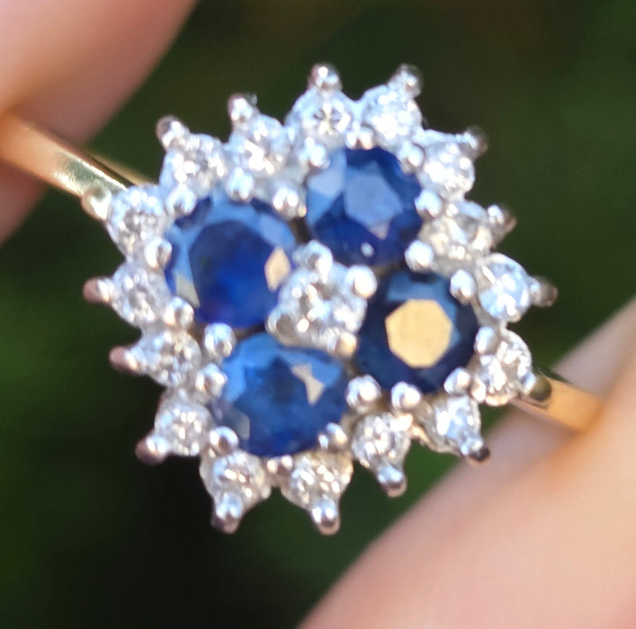 6142 Vintage 18ct Gold French Blue Sapphires Diamonds Geometric Set Ring