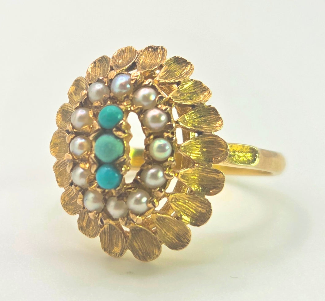 2681: Vintage 9ct Gold Turquoises Seed Pearls Open Work Cocktail Ring- From 1967