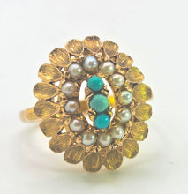 Load image into Gallery viewer, 2681: Vintage 9ct Gold Turquoises Seed Pearls Open Work Cocktail Ring- From 1967
