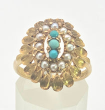 Load image into Gallery viewer, 2681: Vintage 9ct Gold Turquoises Seed Pearls Open Work Cocktail Ring- From 1967
