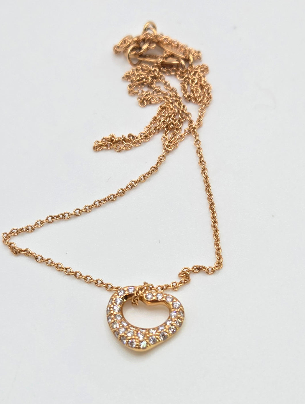 2690: Vintage 18ct Rose Gold Tiffany Open Heart Pave Diamond Pendant (11mm) & Necklace - Elsa Perettie
